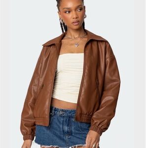 Edikted | Halley Brown Faux Leather Bomber Jacket